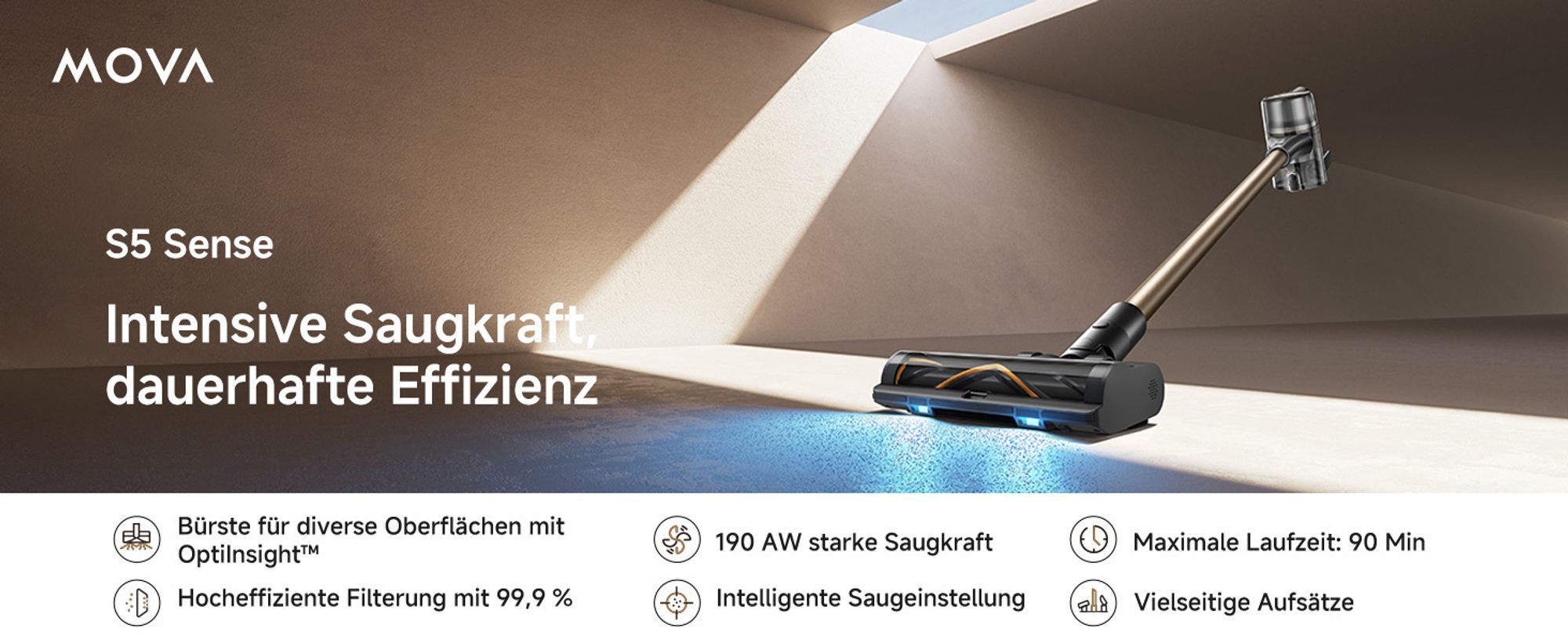 MOVA S5 Sense Akku Staubsauger, bis zu 97 Minuten Laufzeit, Staubsauger Kabellos, Multibodenbürste, Anti-Verhedderung, Leise, Selbststehend