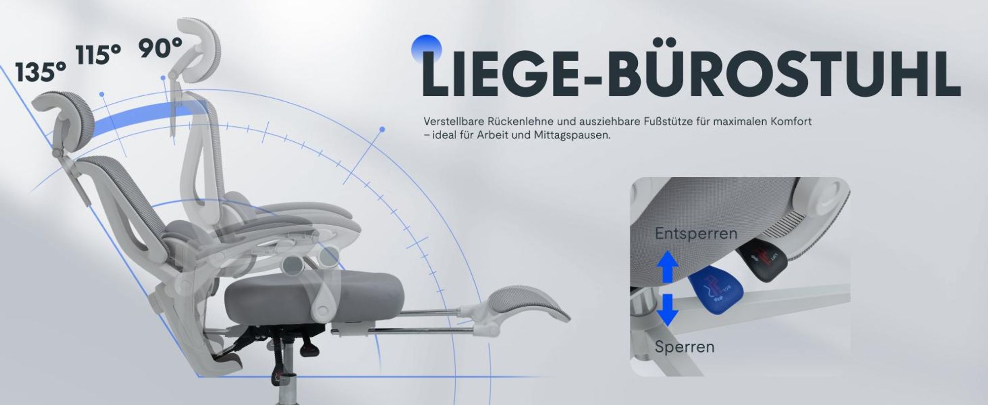 FLEXISPOT Ergonomischer Bürostuhl mit 3D-Kopfstütze, verstellbarer Lendenstütze, Wippfunktion 90–135°, Verbindungsarmlehnen, Fußstütze, 136 kg, Grau