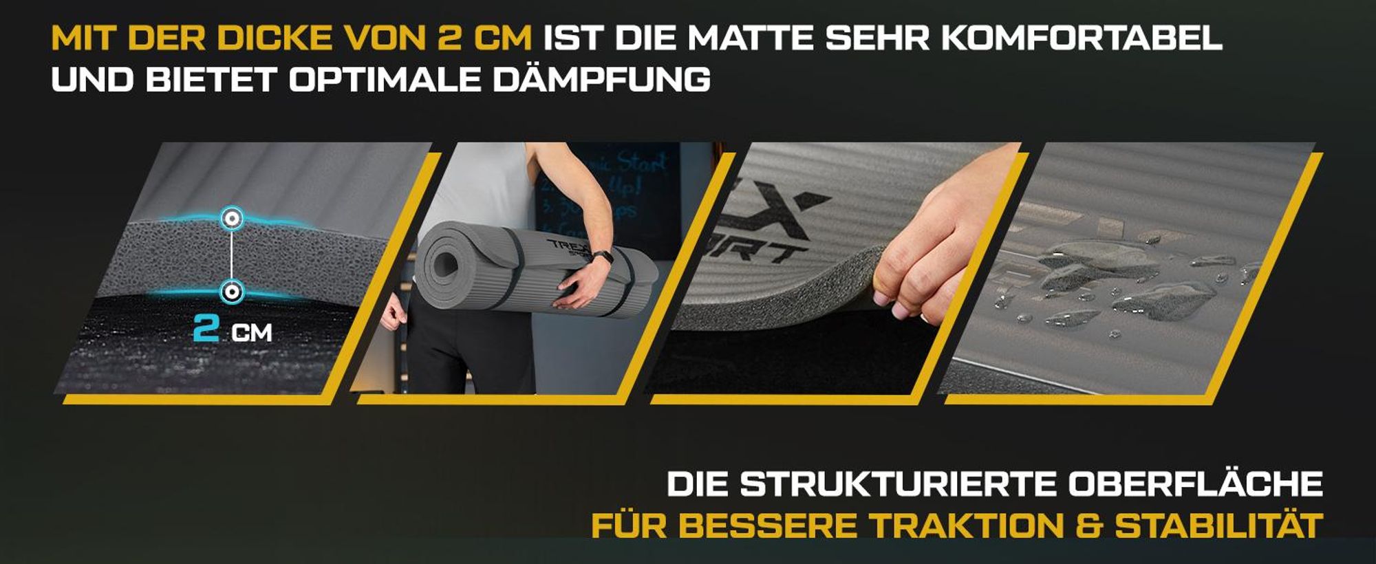 TREX SPORT Gymnastikmatte Fitnessmatte 2cm TX-029NGM | Yogamatte Pilates 190×80×2cm | Trainingsmatte rutschfest, wasserdicht | Sportmatte grau