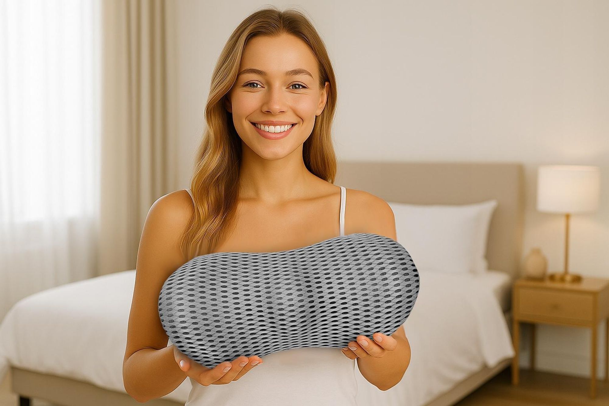 Bedrový vankúš, profilovaný, z pamäťovej peny, sivý, do auta, kancelárie, na spanie