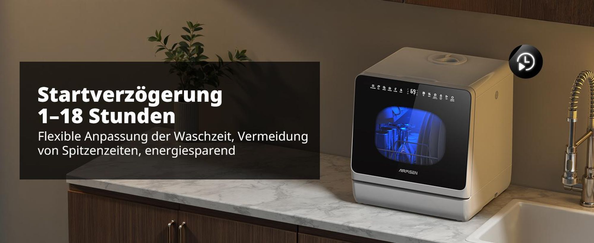 AIRMSEN Mini Geschirrspüler freistehend, Geschirrspülmaschine mit mit 8+3 Programe für 4 Gedecke, funktioniert mit/ohne Wasseranschluss, Schwarz