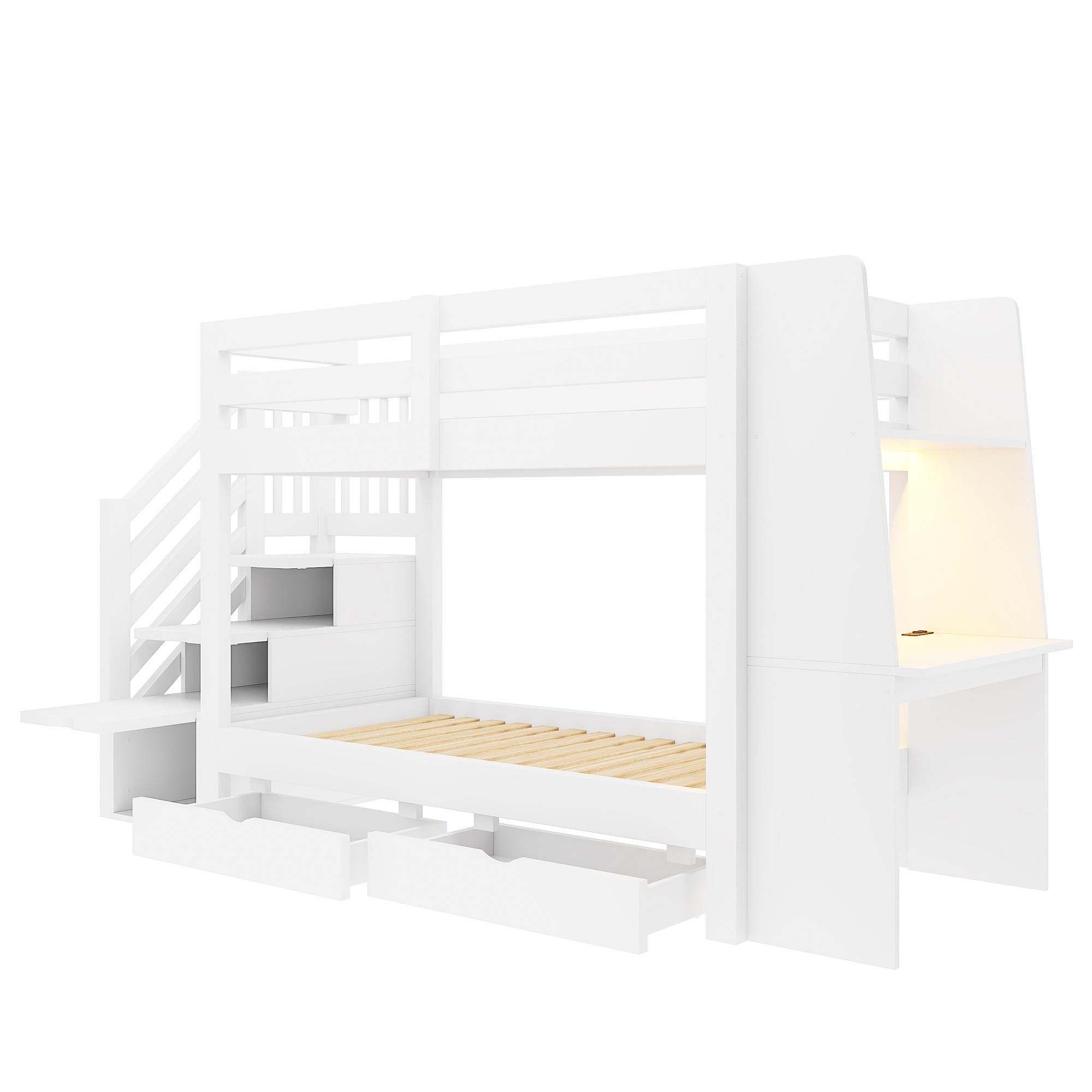 Flieks Etagenbett 90x200 cm mit Treppe, Doppelstockbett mit Schreibtisch und Schubladen, Hochbett mit LED-Lichtleiste und Steckdose, Weiß, Holz