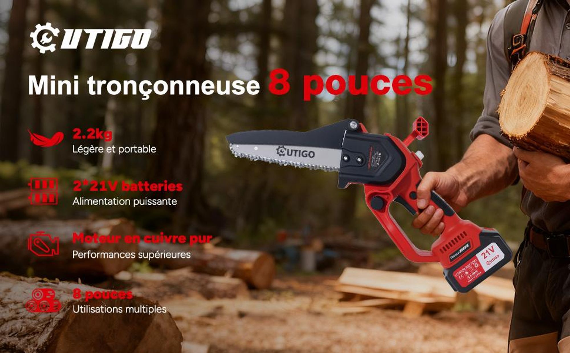 Tronçonneuse à batterie 8 pouces, tronçonneuse sans fil OUTIGO 1000 W, 2 batteries 21 V 3000 mAh, outil de jardinage puissant pour couper les branches