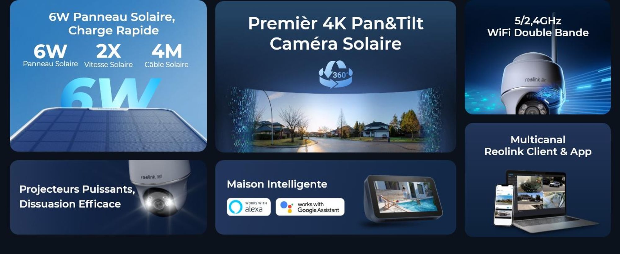Reolink Argus PT Ultra + panneau solaire, 4K 8MP batterie caméra de surveillance extérieure, 2,4/5GHz WiFi, Pan & Tilt, vision nocturne couleur, détection intelligente, audio 2-voies