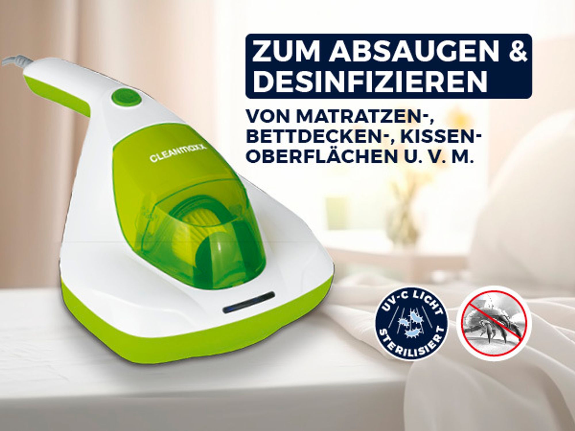 CLEANmaxx Milben-Handstaubsauger Kompakt Mit UV-C Licht Weiß/limegreen