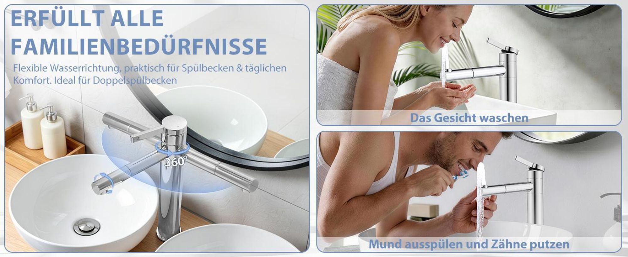 Homelody 2*Wasserhahn Bad hoch 360° drehbar Waschtischarmatur Mischbatterie Badarmatur für Bad, Waschbecken Armatur Chrom