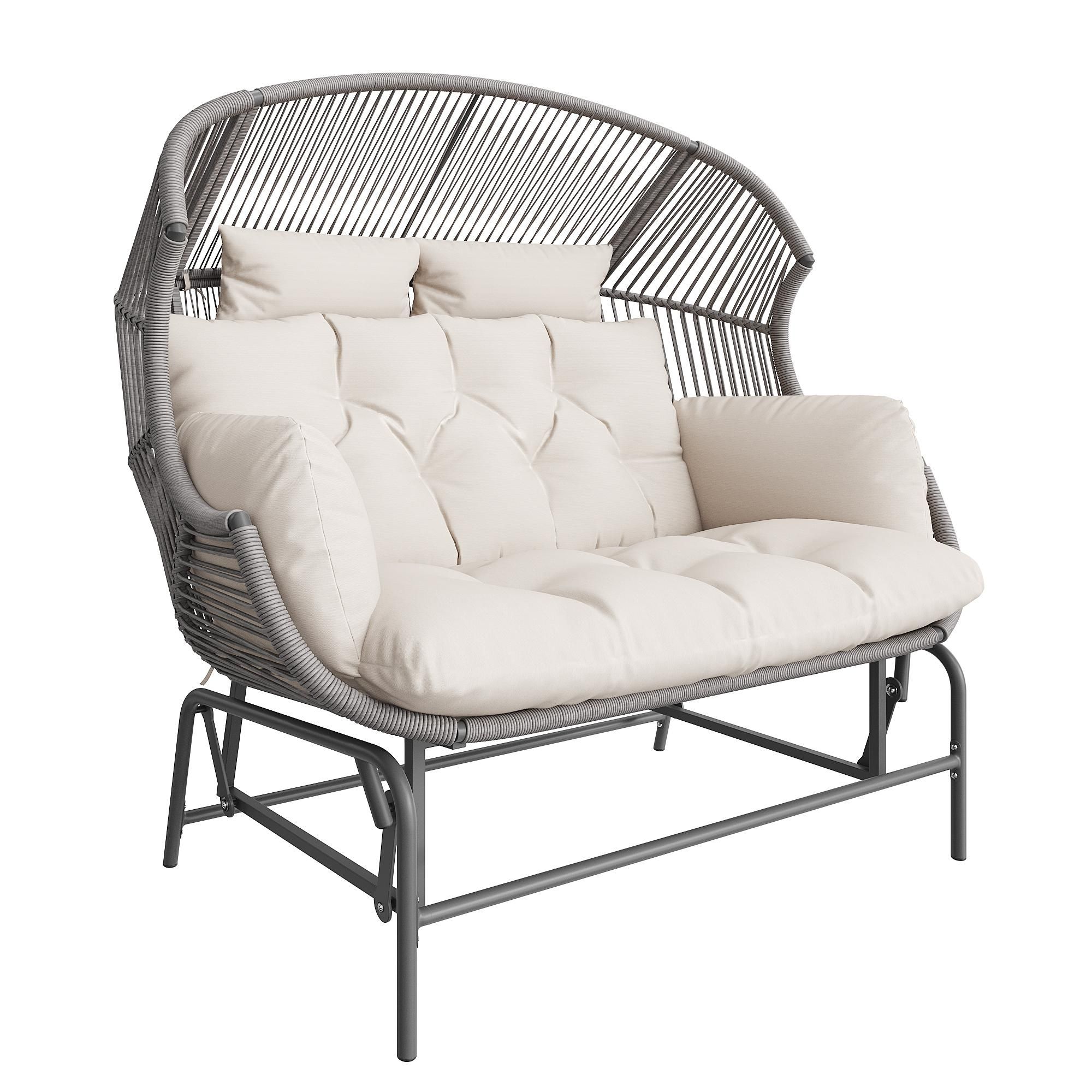 Flieks Rattan Hollywoodschaukel Schaukelstuhl Doppelschaukel mit Kissen, Hängesessel Gartenschaukel Hängeschaukel für 2 Personen, Grau
