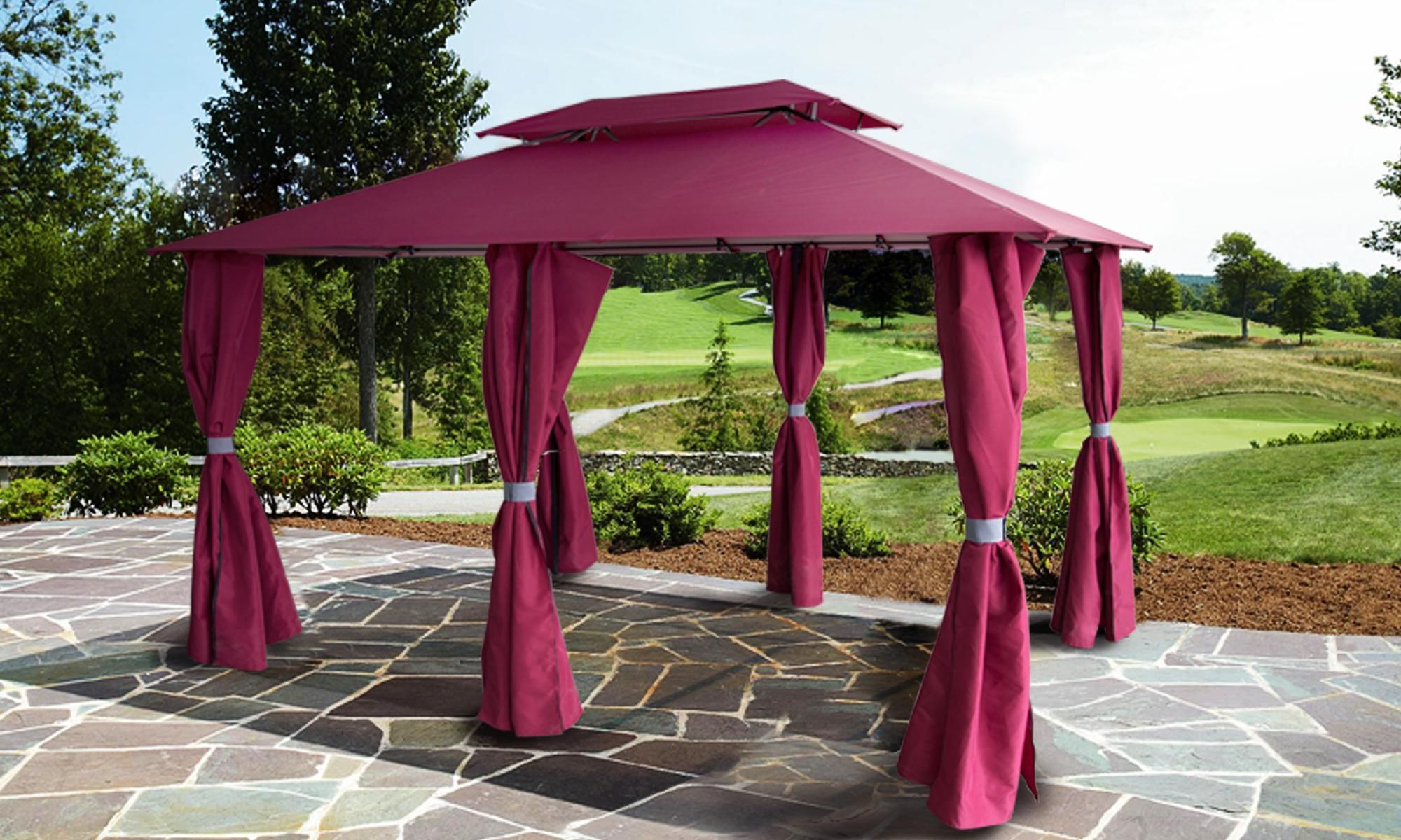 paramondo Comfort Gartenpavillon, 4 x 3 m, bordeaux + Wände – Stahl, wasserdicht, UV‑Schutz 50+, doppeltes Dach