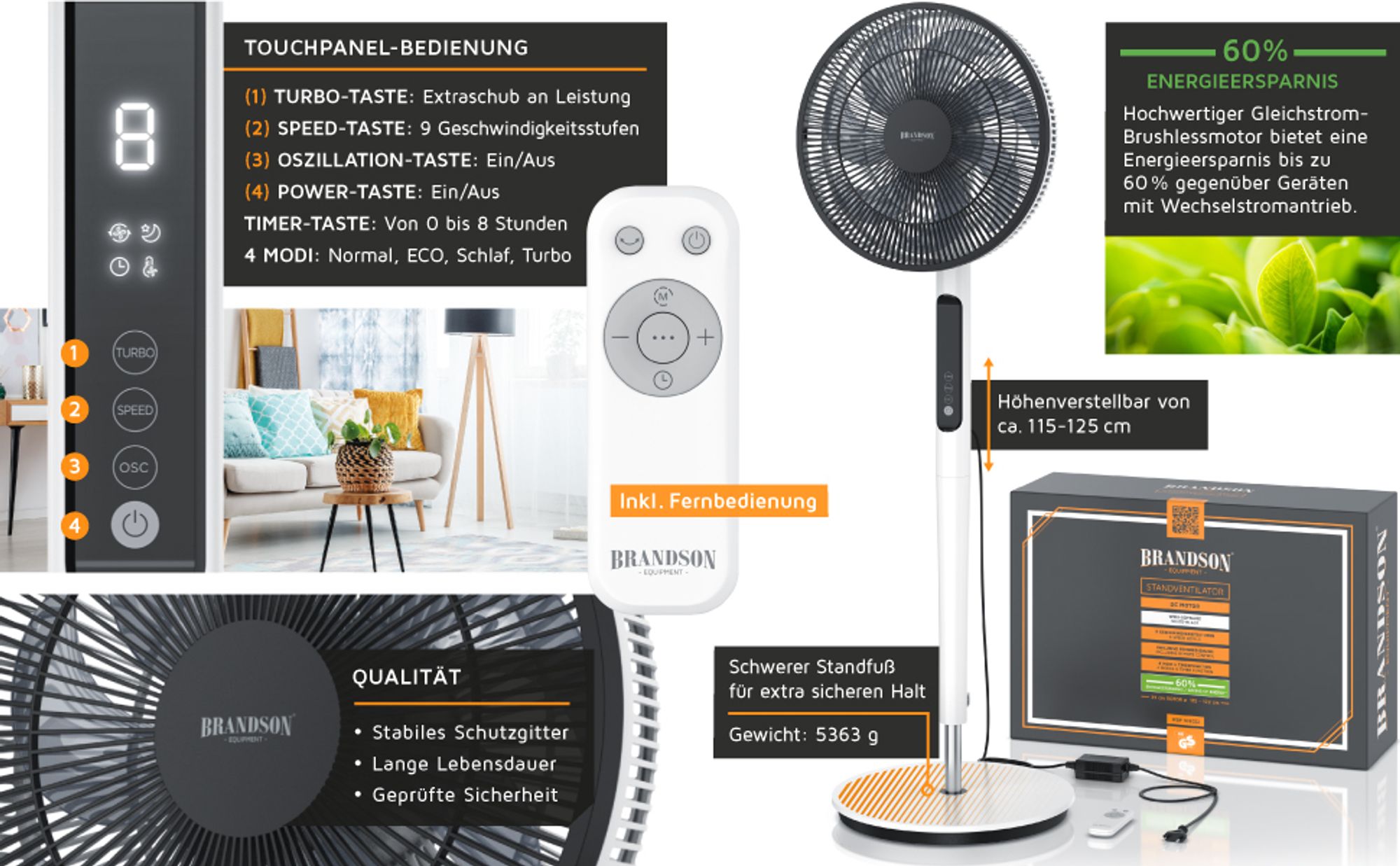 Höhenverstellbarer Standventilator mit Fernbedienung und Display, neben moderner Verpackung