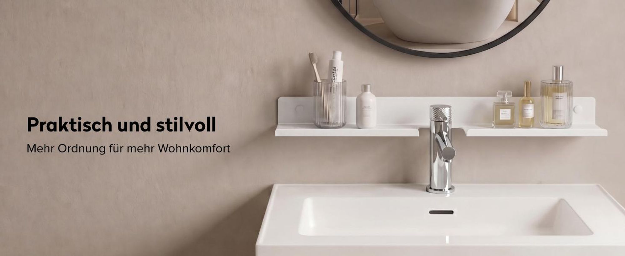 doporro Waschbecken Ablage 60cm über dem Wasserhahn, Badezimmer Regal Montage mit oder ohne Bohre, Waschbecken-Wasserhahn-Organizer, Sandweiß Reglo-17