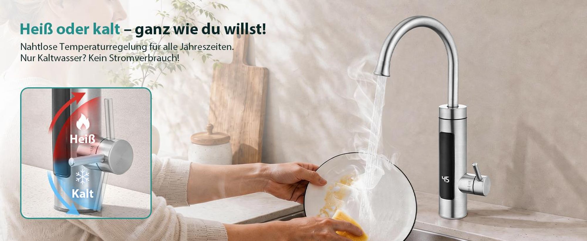 Elektrische Küchenarmatur mit Durchlauferhitzer, Smart Heater Wasserhahn 360° drehbar, Edelstahl Wasserhahn Küche mit LED Temperaturanzeige, Elektrisch Durchlauferhitzer für Bad/Küche