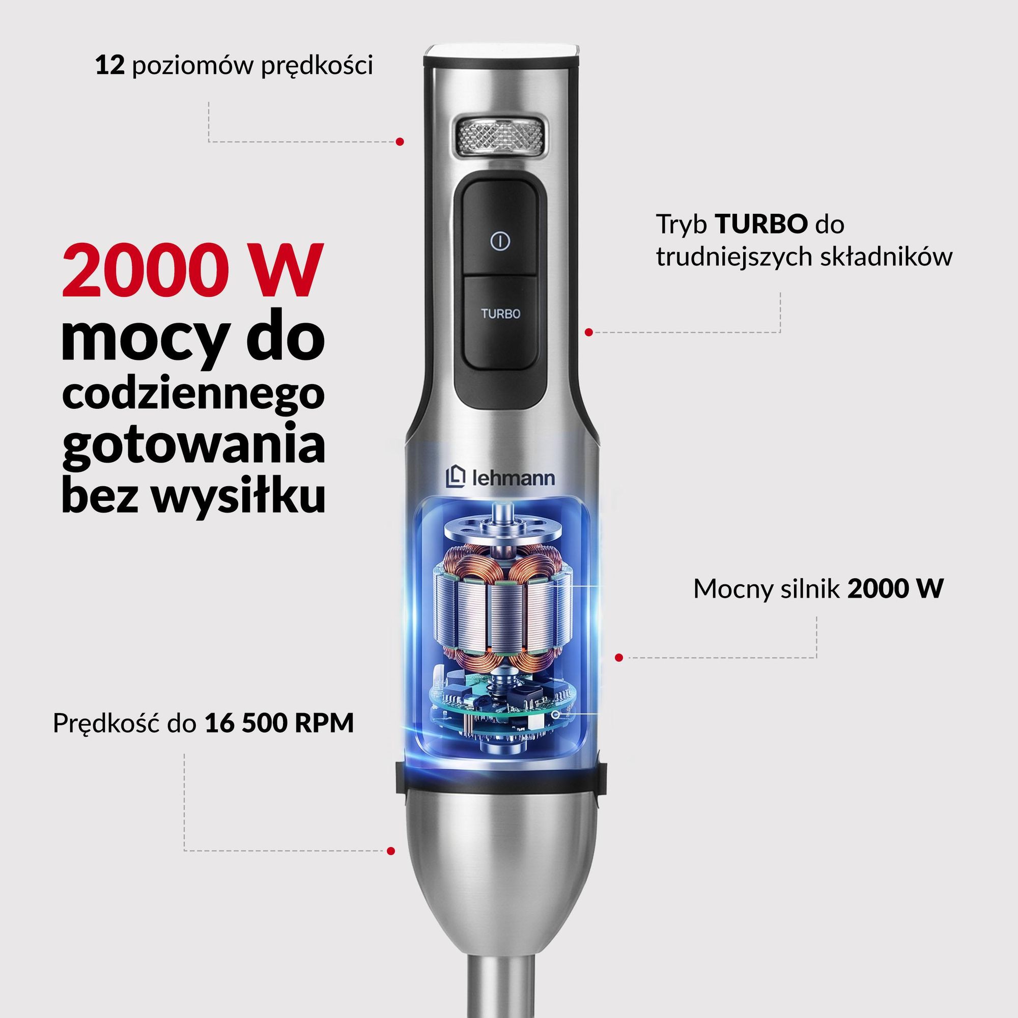 Blender ręczny LEHMANN SELECTO DELUXE mikser, rozdrabniacz, siekacz z zestawem tarek, 2000W, duży zestaw