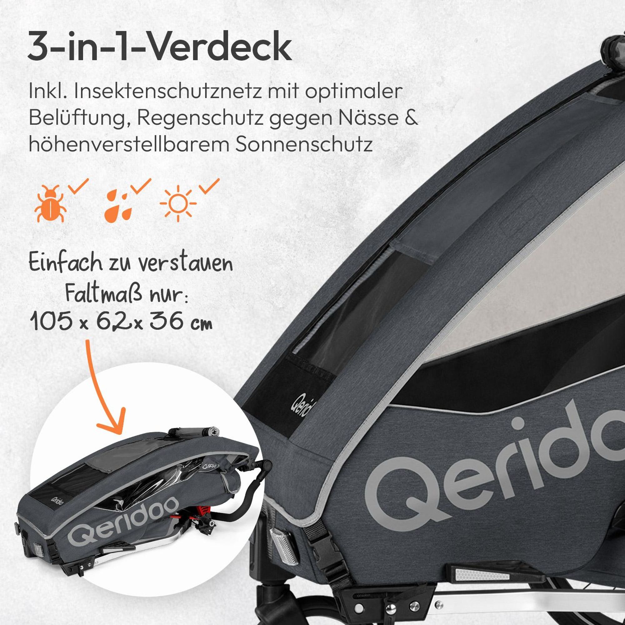 Qeridoo QUPA 1 - Kinderfahrradanhänger für 1 Kind, Farbe: Grey