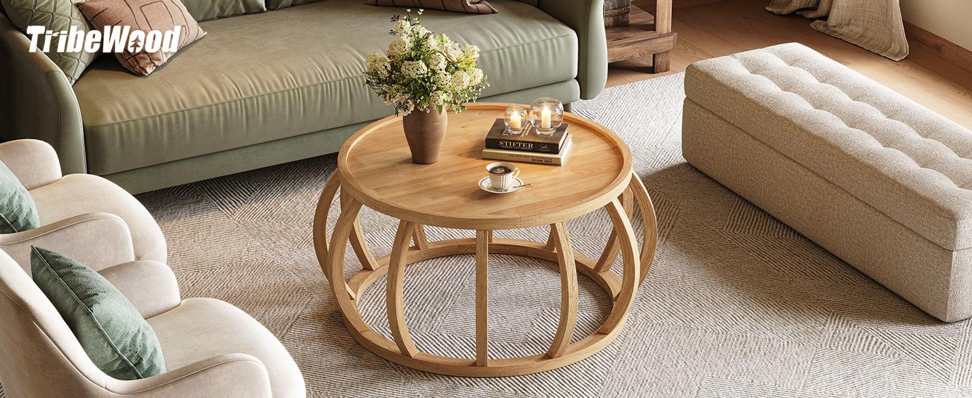 Couchtisch aus Massivholz, 80 cm runder Mitteltisch mit gebogenem Rahmensockel für das Wohnzimmer, einfache Montage, natürlich