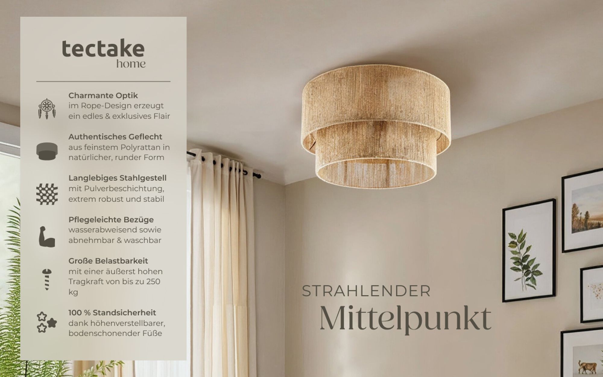 tectake® Deckenleuchte Lignea Lux aus Jute Boho-Stil 45 x 25 cm