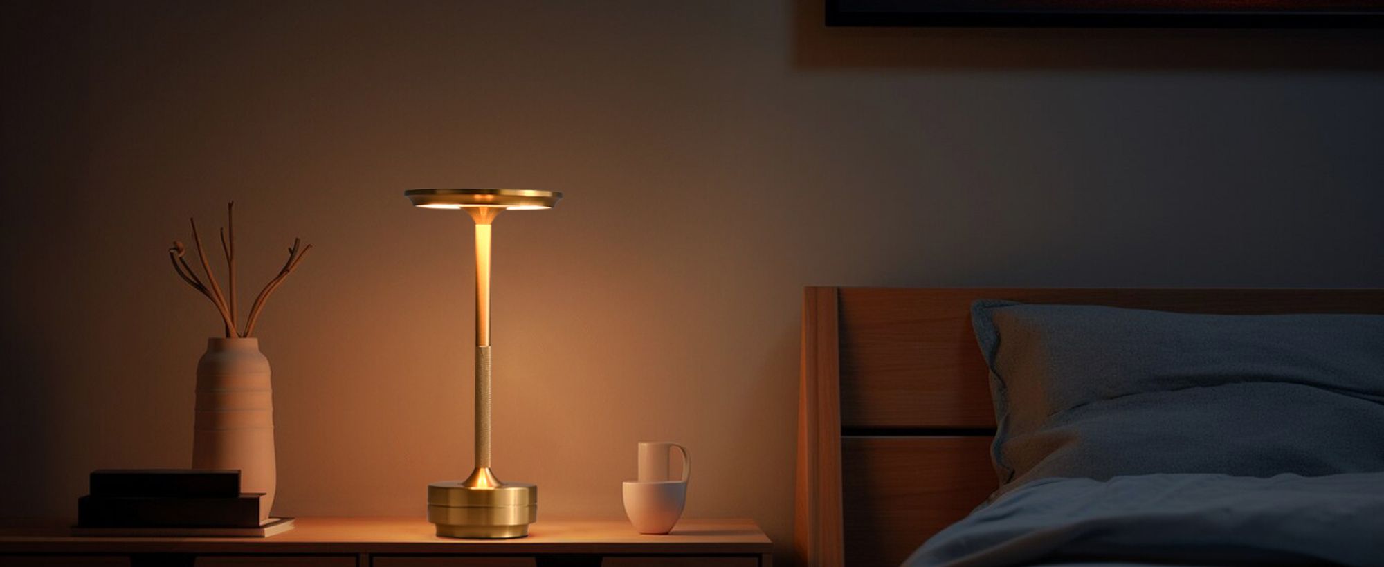 Kabellose Dimmbare LED Akku Tischleuchte Touch Tischlampe Lampe Wohnzimmer Nachttischlampen Dreifarbiges Licht Gold