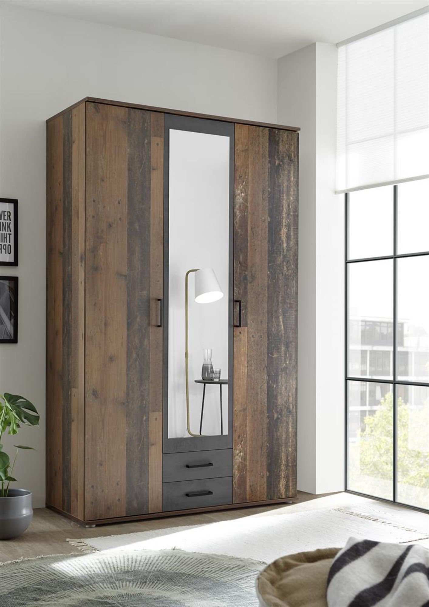 Cilli Kleiderschrank Old Style/Betonoxid – Drehtüren-Schrank mit Spiegelfront und viel Stauraum