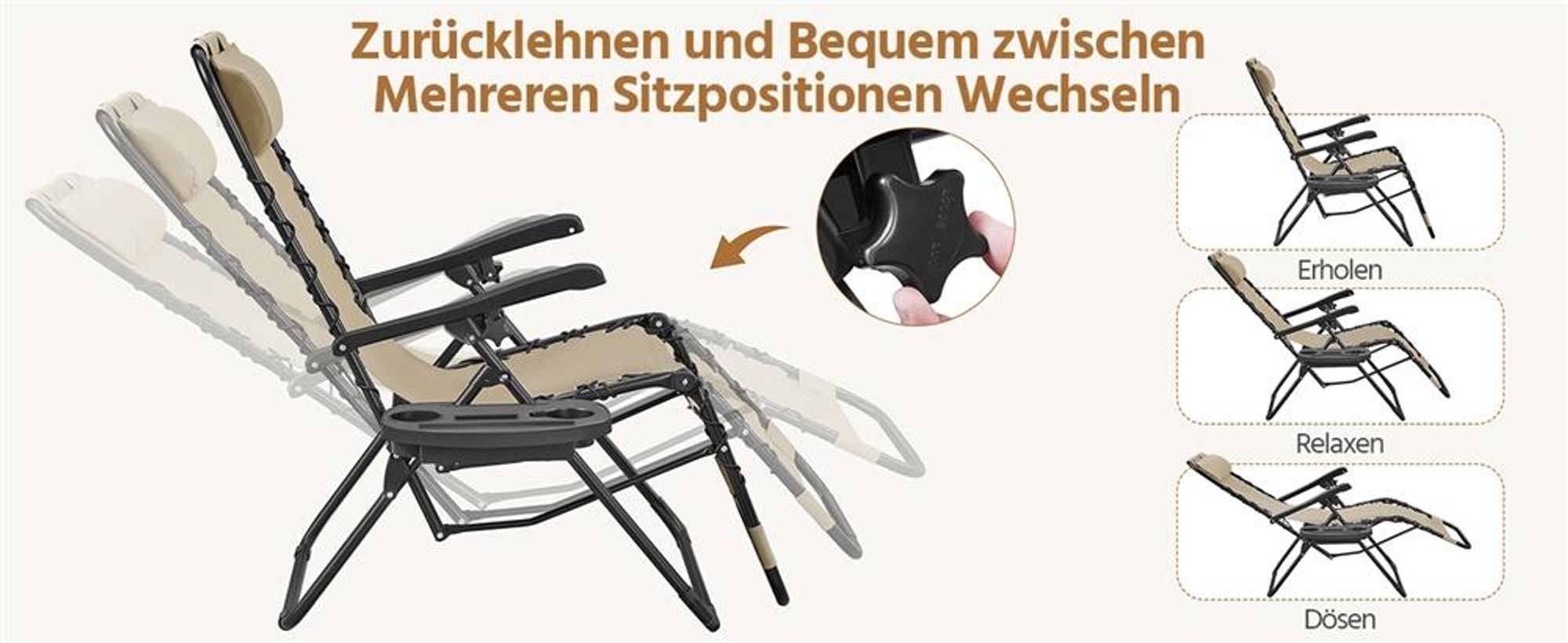 Yaheetech 3-tlg. Liegestuhl Set, inkl. 1 Beistelltisch & 2 klappbare Gartenliegen, mit Nackenkissen & Becherhalter & verstellbarer Rückenlehne