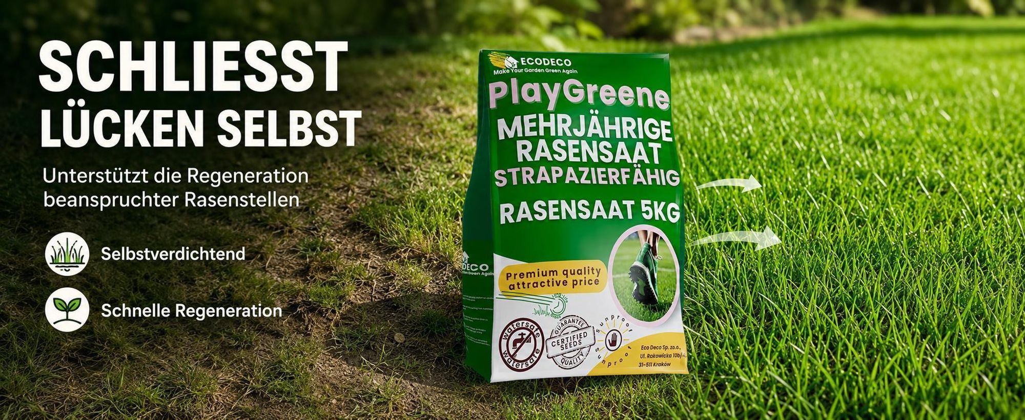 EcoDeco Rasensamen 5kg Sport und Spielrasen, schnellkeimender Rasensamen, selbstverdichtend, strapazierfähig, Rasenreparaturmischung