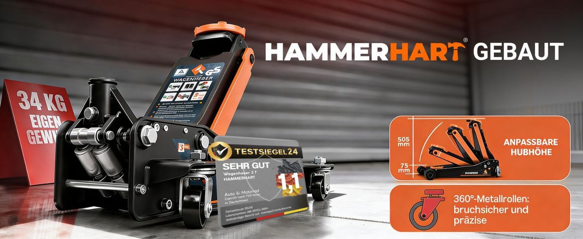 HAMMERHART - Hydraulischer Wagenheber 3T Premium Rangierwagenheber mit 75-500mm Hubhöhe / 360° Rollen, Doppelkolben & T-Griff / & GS