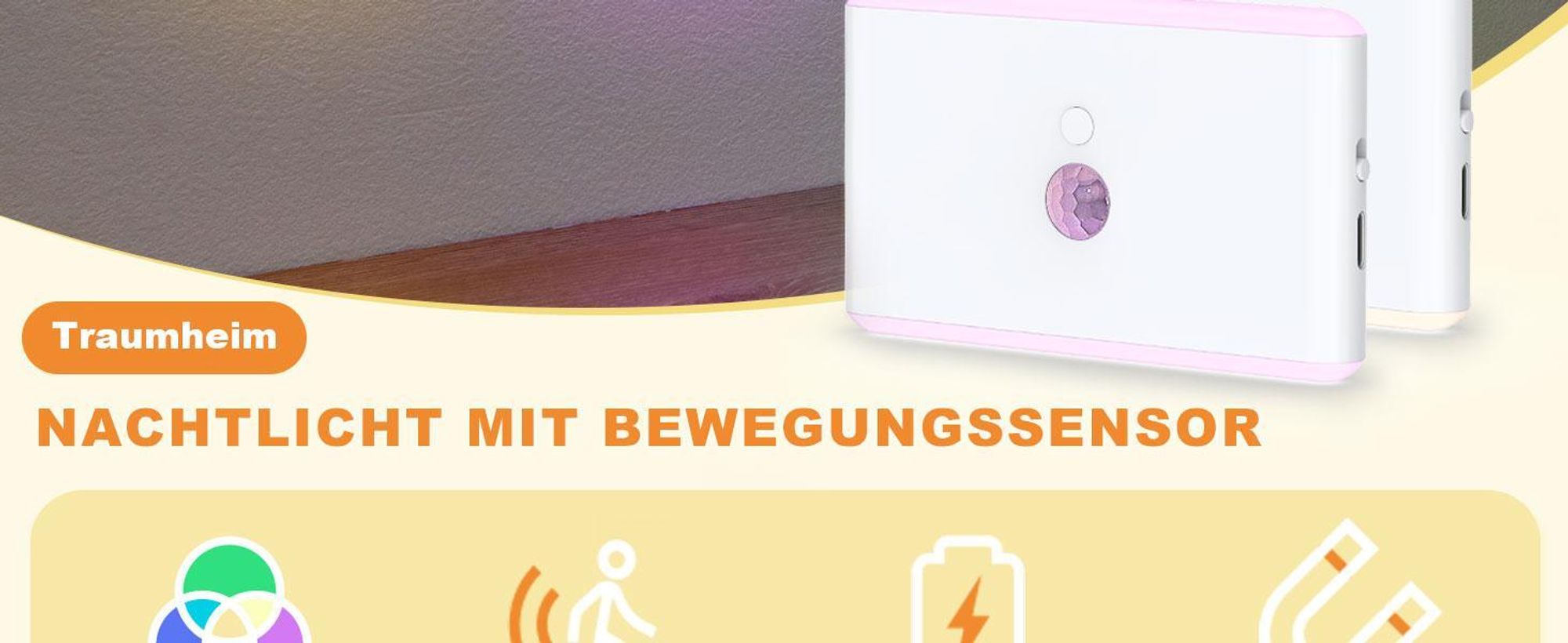 2 Stück RGB Nachtlicht mit Bewegungsmelder, 7 Farben dimmbares LED Licht, wiederaufladbar für Treppe Flur Schlafzimmer, magnetisches Design