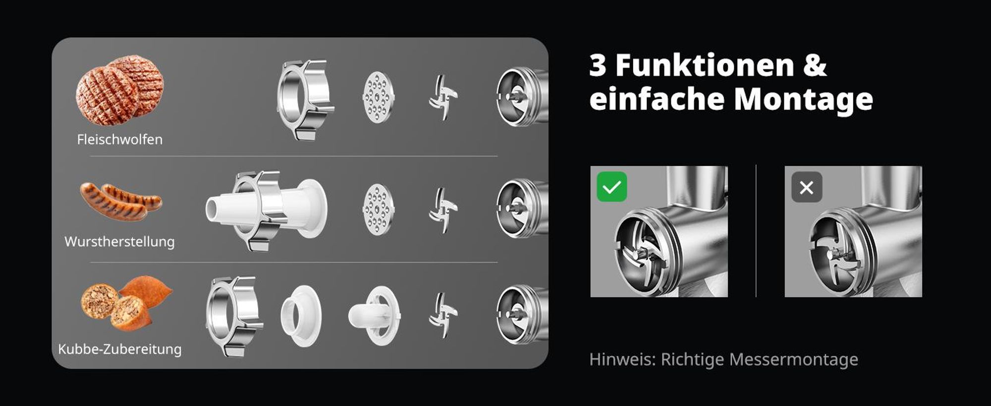 AIRMSEN 2500W Elektrischer Fleischwolf, 3in1 Multi Küchenmaschine,Super-intelligenter Wärmeschutz,Wurstmaschine mit 3 Lochscheiben, 4 Kegel-Klingen