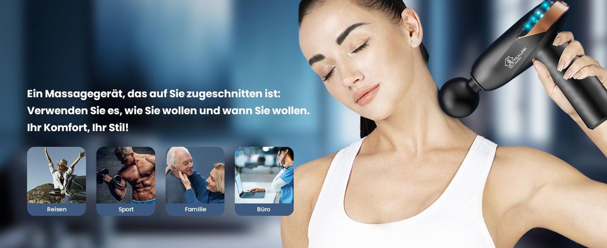 Extralink Massage Gun Lite Massagepistole 40W, 6 Aufsätze, 6 Stufen, USB-C, bis 3200 U/min