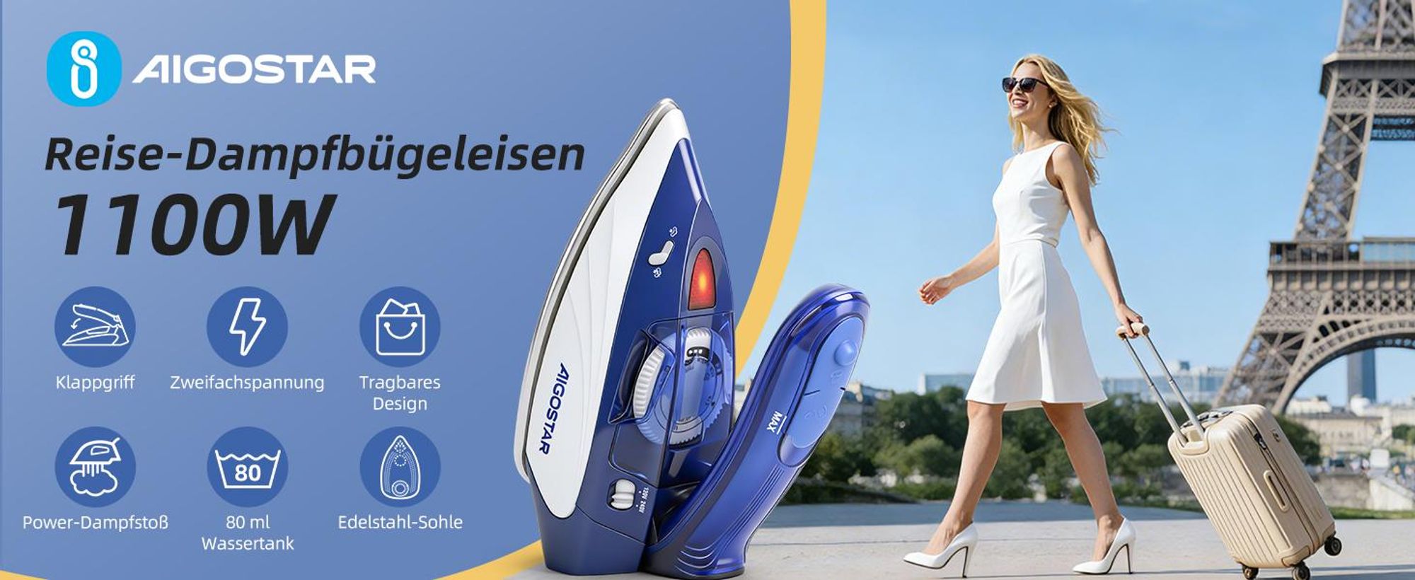 Aigostar Reise-Dampfbš¹geleisen Kleines Mini Dampf Bš¹geleisen Leichtes Reisebš¹geleisen Tragbar Faltbarer Griff Dampfbš¹geleisen Mehrere Temperaturstufen Reisedampfbš¹geleisen 1100W 80ml Wassertank