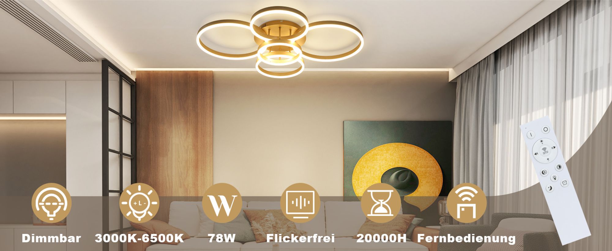 ZMH LED Deckenleuchte Wohnzimmer Deckenlampe Gold Dimmbar mit Fernbedienung 78W 5 Ringen Wohnzimmerlampe Schlafzimmerlampe Acryl Deckenbeleuchtung