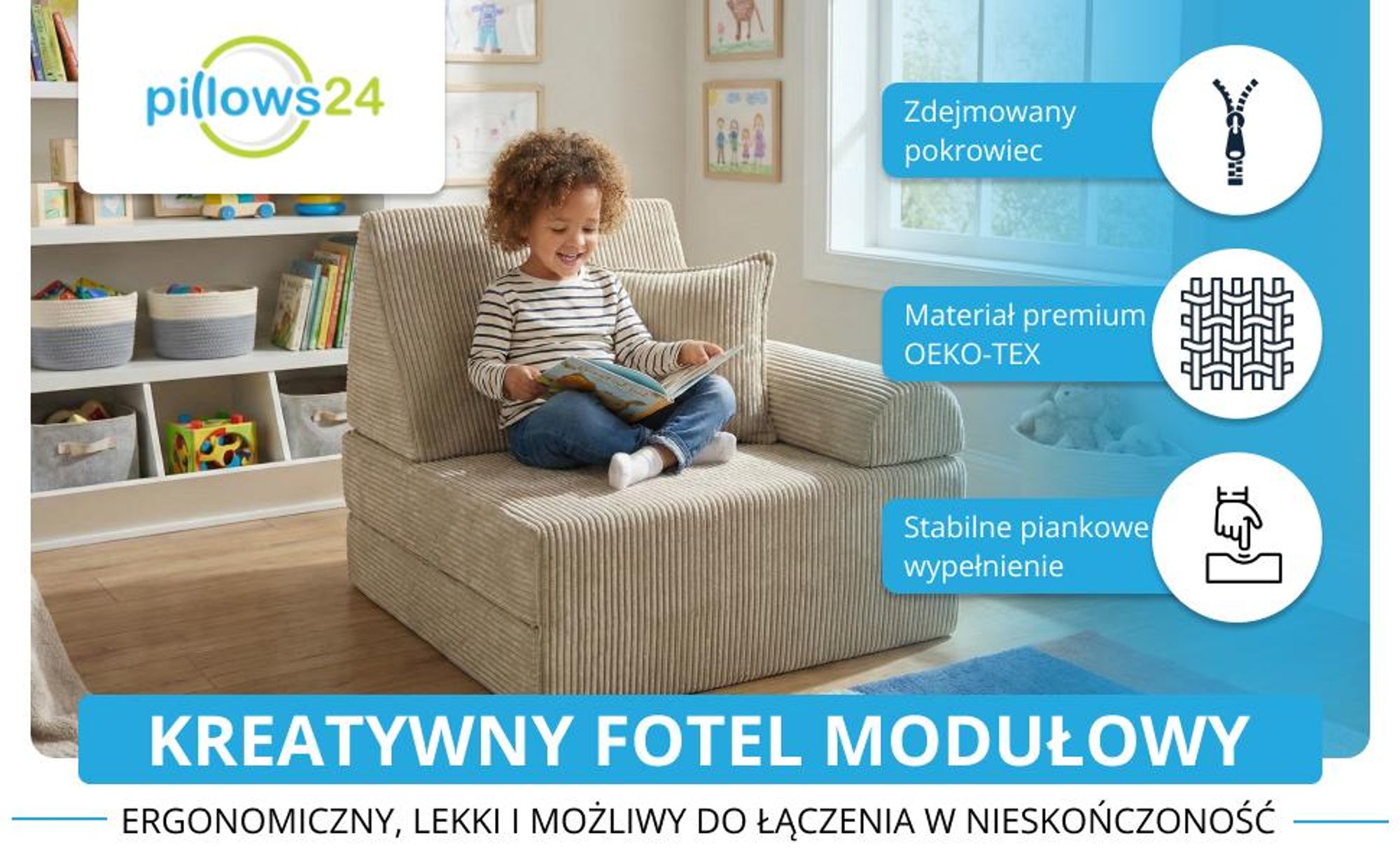 sofa kanapa fotel dziecięca zabawy klocki piankowe sztruks rozkładana