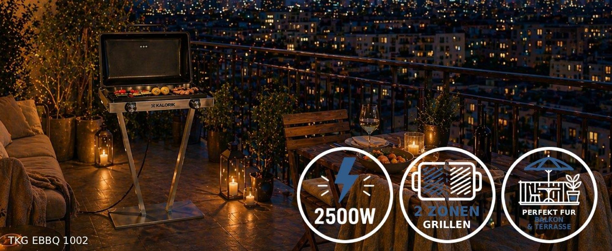 KALORIK Elektrogrill inkl. Abdeckung Edelstahl Gartengrill Barbecue-Grill Standgrill 2500W – XXL-Grillplatte 2 Zonen 58 cm IPX4