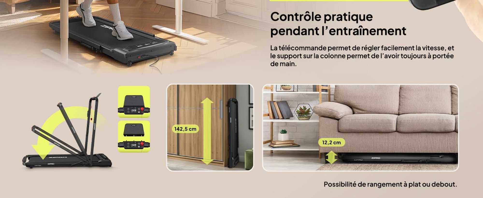 Tapis de course pliable ZIPRO Newlite - Tapis de course sous bureau Walking Pad pour la maison jusqu'à 10 km/h Appareil de fitness Télécommande Bluetooth