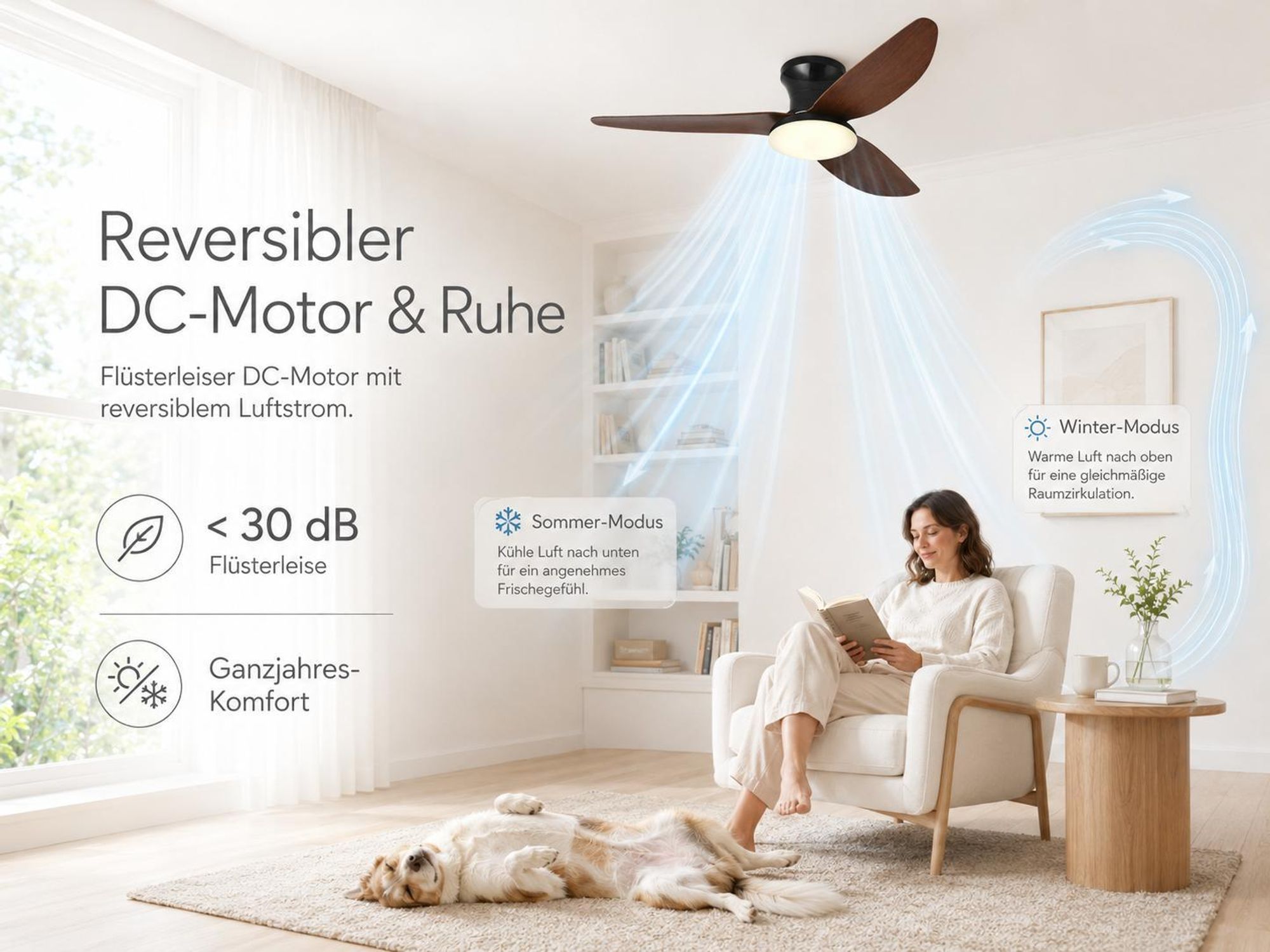 Deckenventilator mit Beleuchtung leise, Ø100cm DC Motor 6 Stufen, Smart APP & Fernbedienung, Dimmbar 3 Farben Umkehrbare Windrichtung Wohnzimmer Büro