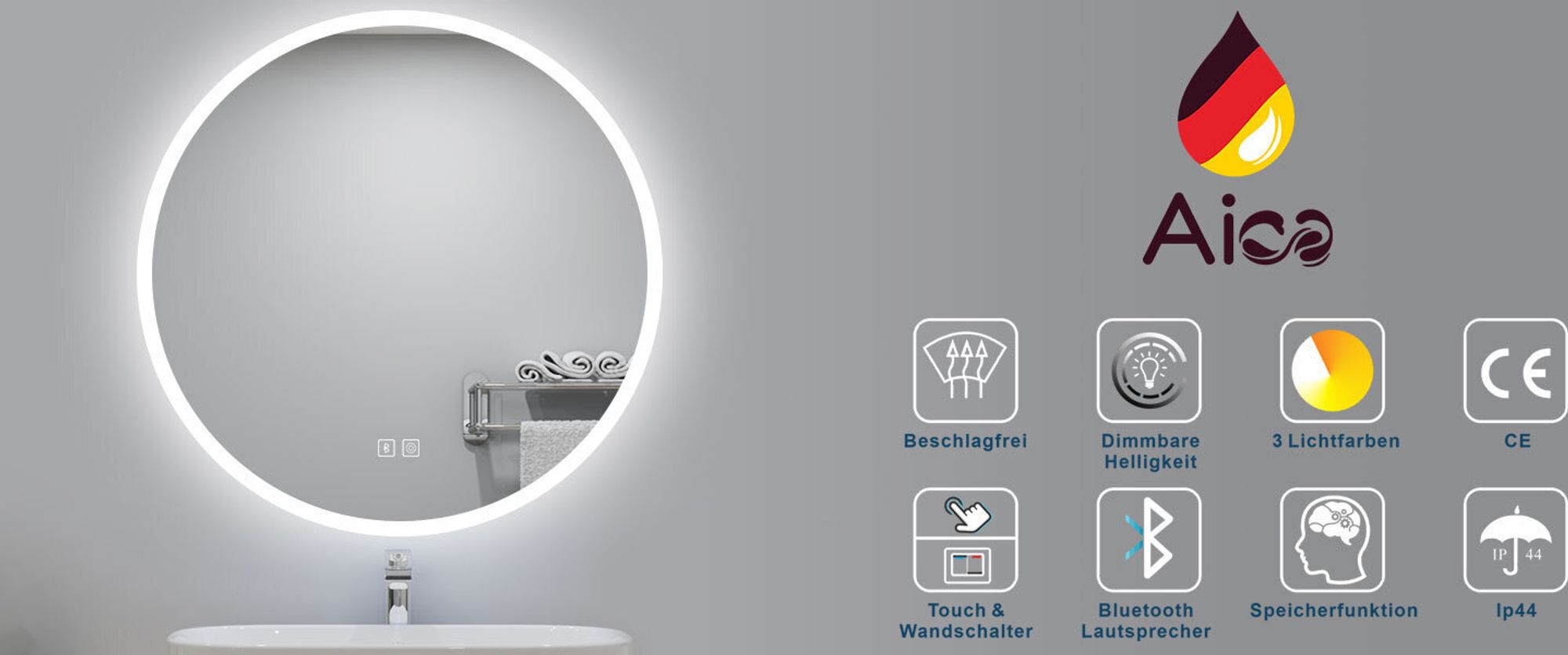 AICA Runder LED Badspiegel 70cm Badezimmerspiegel mit Touchschalter Anti-Beschlag Bluetooth 3 Lichfarbe Dimmbar Memory-Funktion IP44