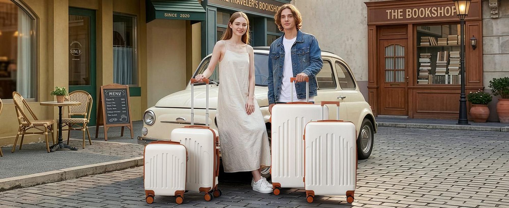 FCH Kofferset, 4tlg. Hartschalen Reisekoffer & Trolley Set S-M-L-XL 360° Rollen, Beige