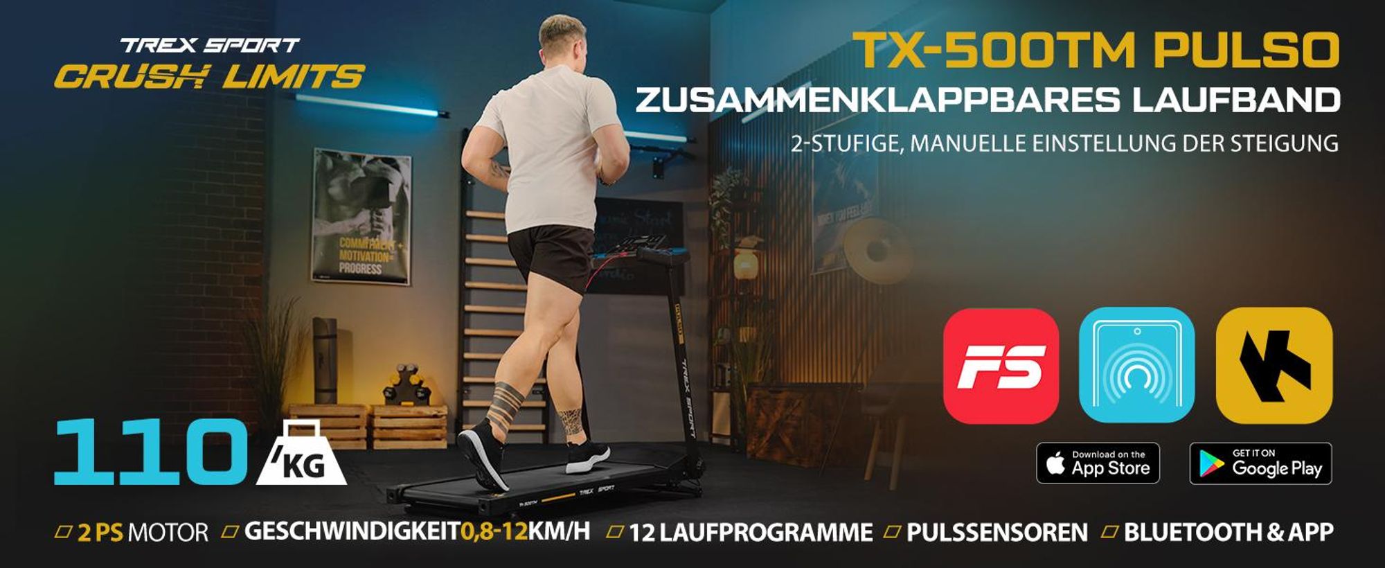 TREX SPORT Laufband für zuhause klappbar elektrisch TX-500TM PULSO | Treadmill mit LCD-Display, Bluetooth, bis 12 km/h, 12 Programme mit Pulssensoren