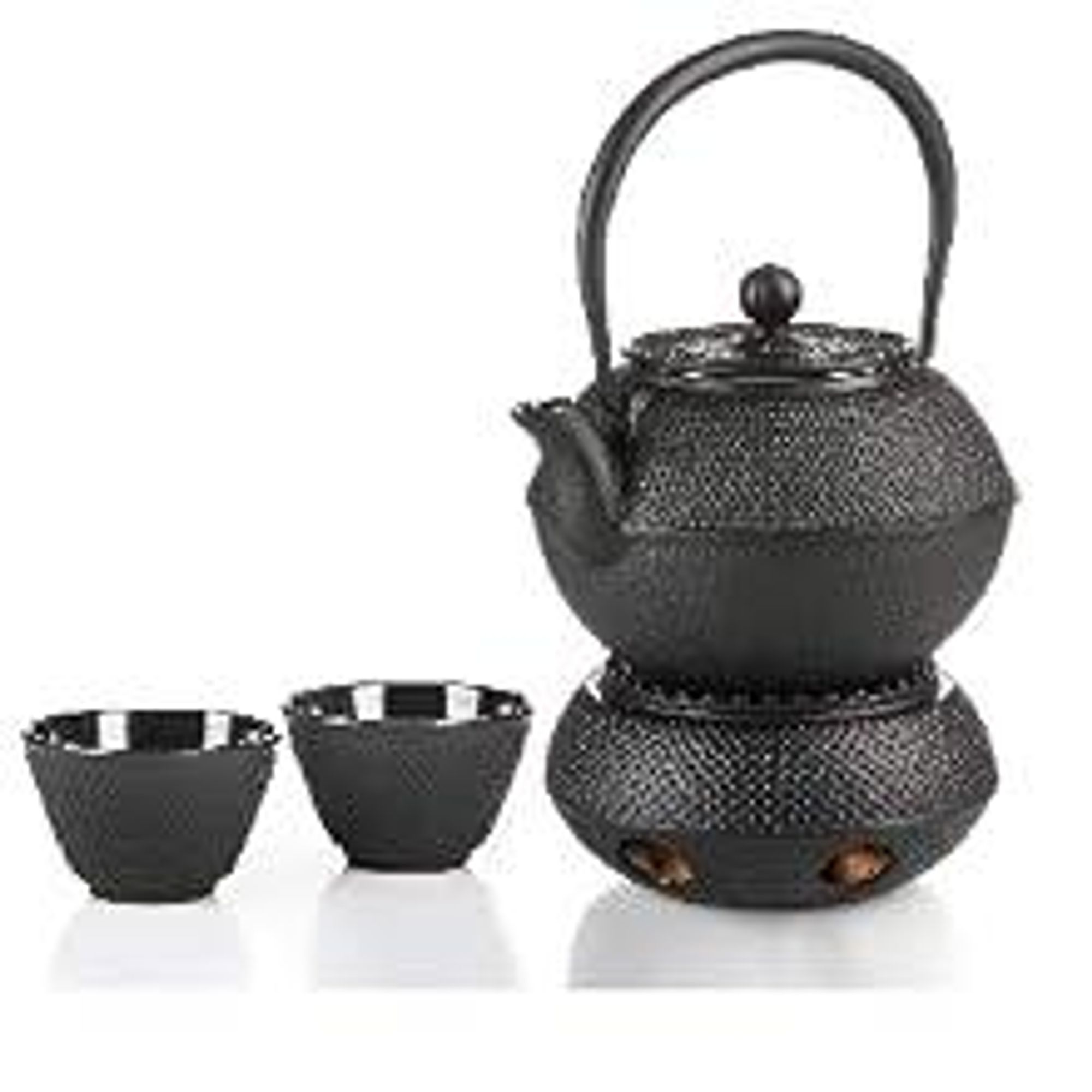 Dimono Asiatische Teekanne aus Gusseisen Schwarz | 1,3L Tee Set mit Stövchen, 2 Tassen & Sieb | Handgefertigt & Emaille-Beschichtung
