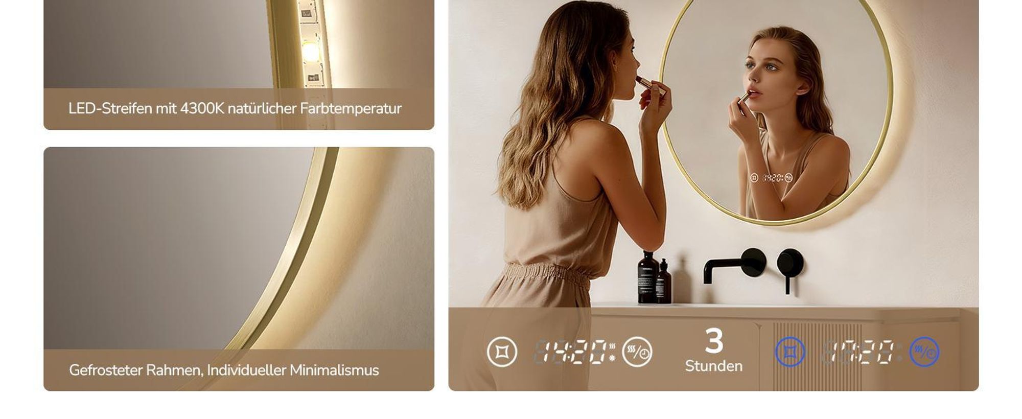 EMKE Badspiegel Rund LED Spiegel mit Beleuchtun ф80cm Gebürstetem Goldrahmen Rund Badezimmerspiegel mit Beschlagfrei, Uhr, Temperatur, Dimmbar, Memory-Funktion - Neutrale Lichts 4300K