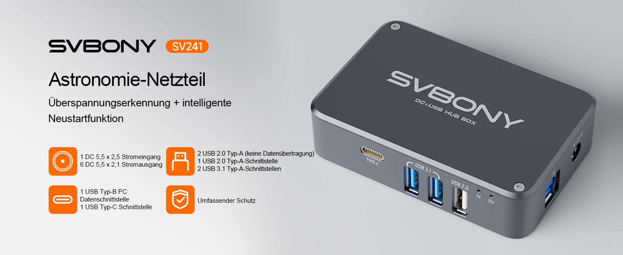 Svbony SV241 Teleskop DC Power Adapter, Astronomie Teleskop Zubehör, 6 DC Power Output Astronomie Pocket Adapter, USB Hub Box für Deep Sky Fotografie