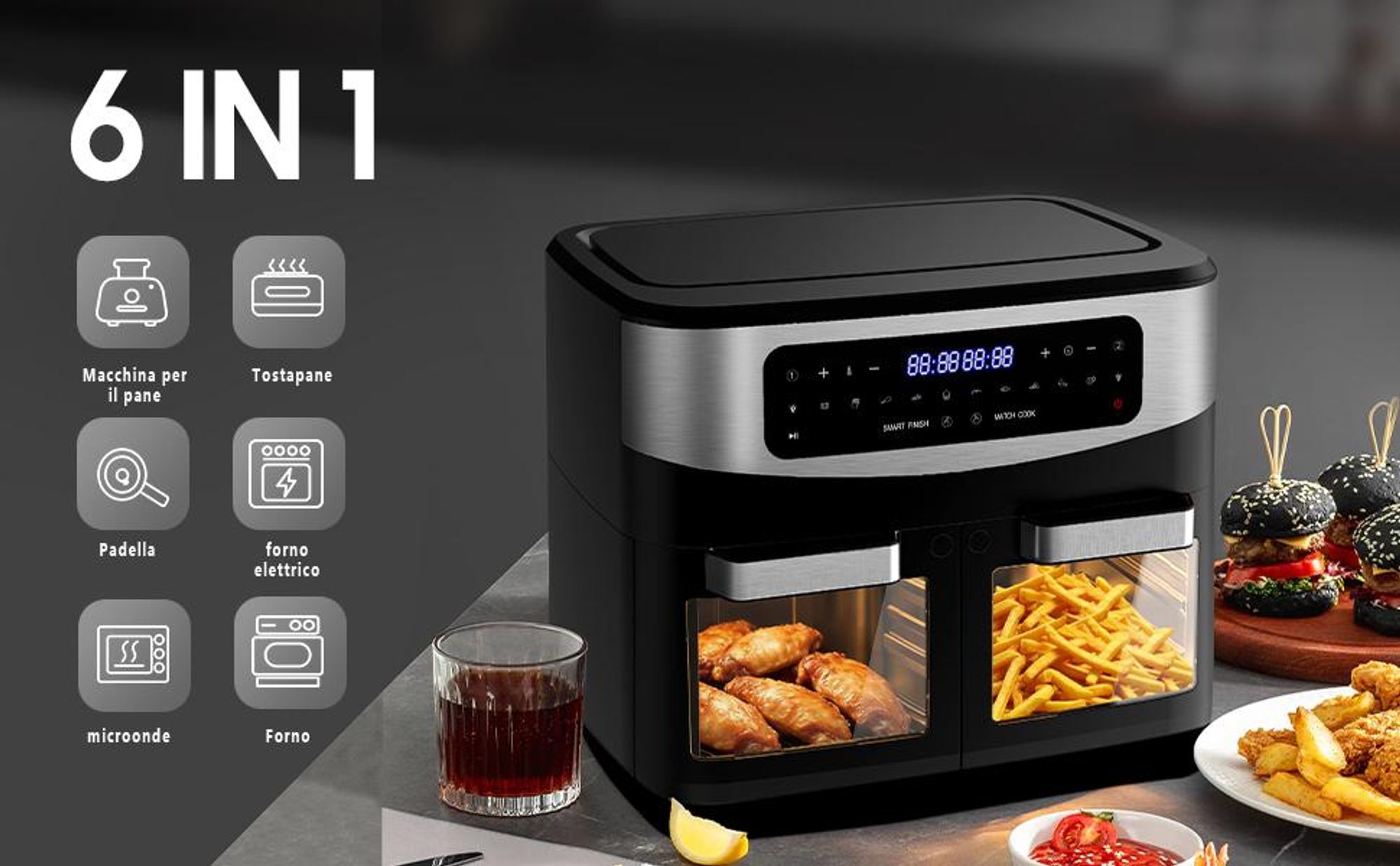 Friggitrice ad aria Airfryer da 12L con doppia camera e finestra trasparente, 2 cestelli separati, funzione "Dual Cook", sincronizzazione della cottura, cottura senza olio, 2600W, digitale, per risparmiare tempo
