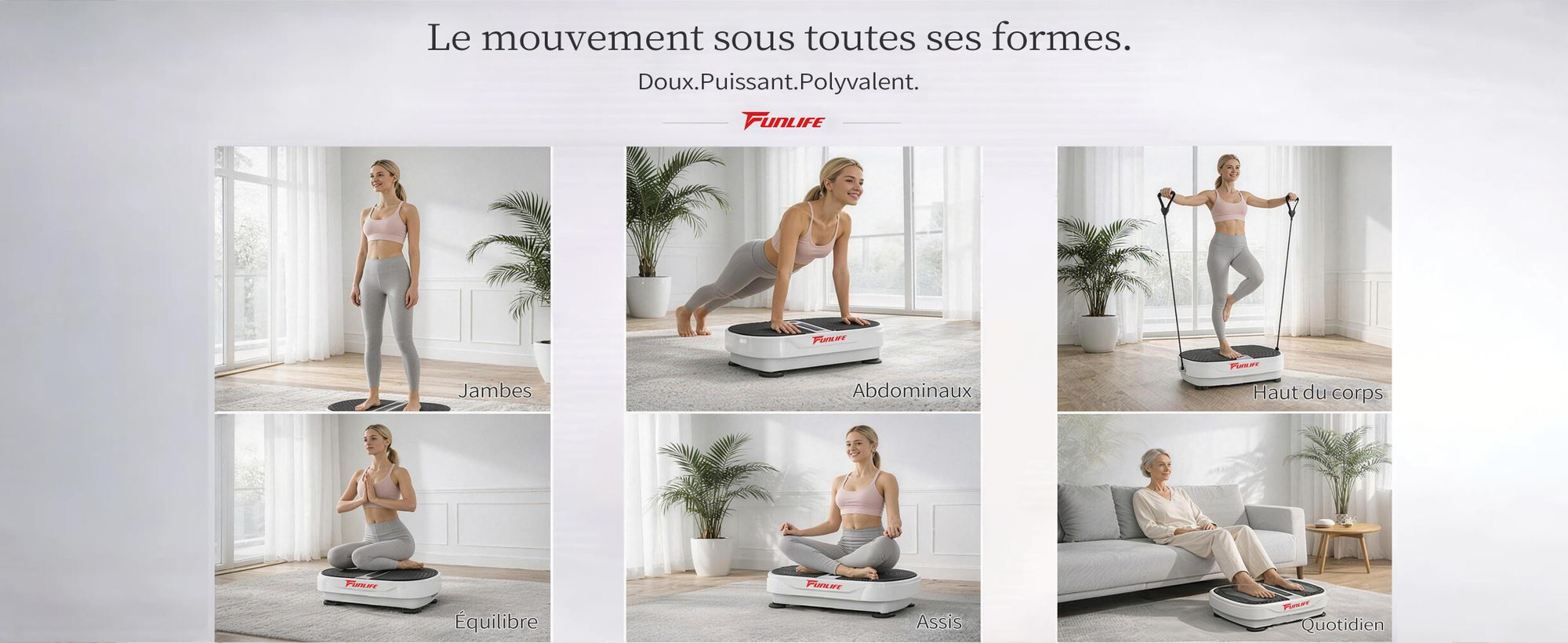 FunLife V8 : Plateforme de vibrations – 180 niveaux d'intensité, 5 programmes, haut-parleur Bluetooth, bandes de résistance, fonctionnement silencieux, entraînement pour tout le corps, jusqu'à 120 kg