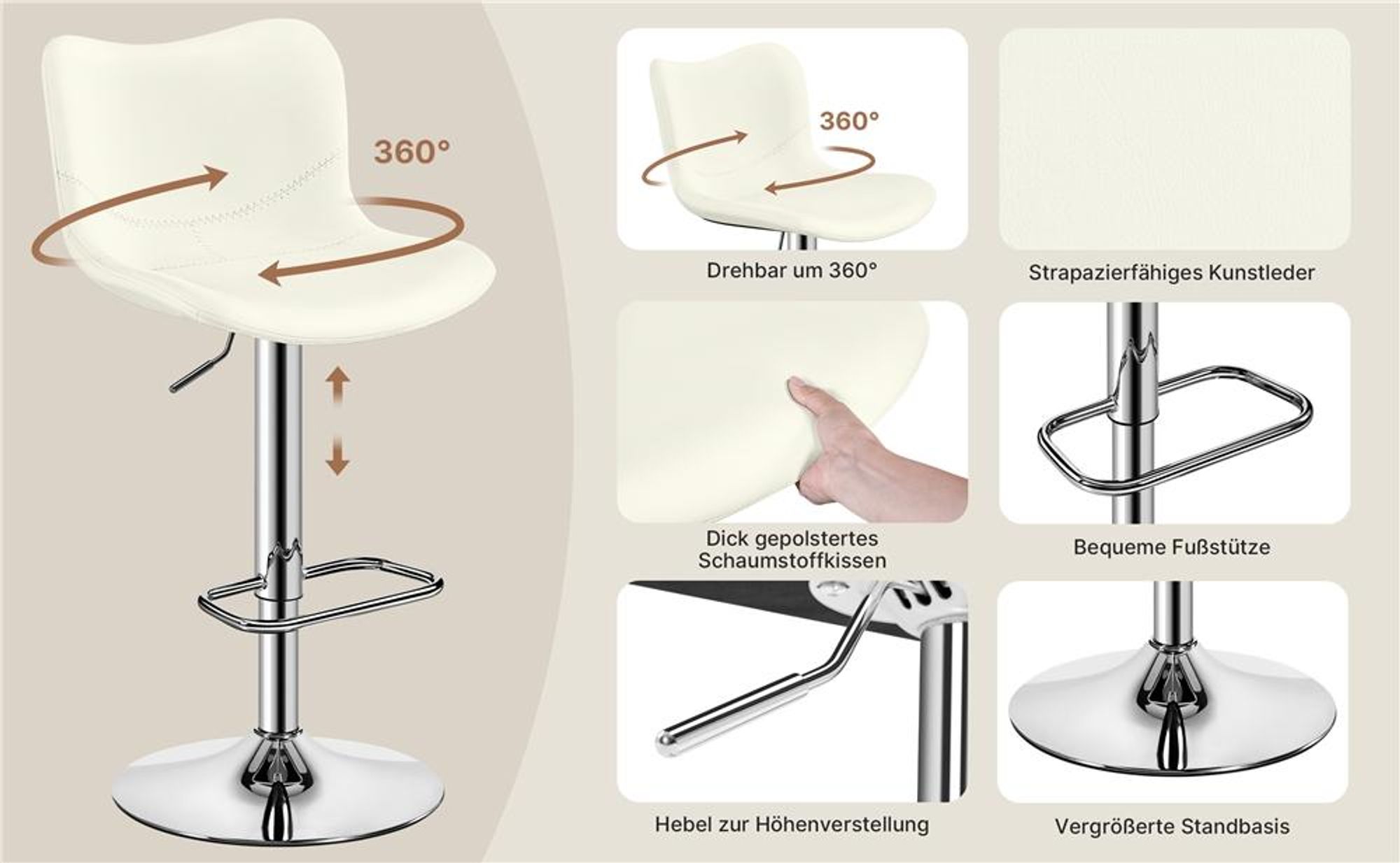 Yaheetech Barhocker Tresenhocker 2er Set, Drehhocker höhenverstellbar, mit Rückenlehne & Fußstütze, Weiß