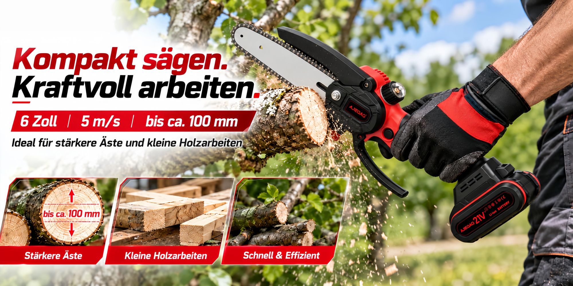 21V 2-in-1 Akku Gartenschere & Mini Kettensäge, Brushless Akku Astschere/Baumschere, 25 mm SK5, 6 Zoll Akku Kettensäge, 2×2,0Ah Akkus