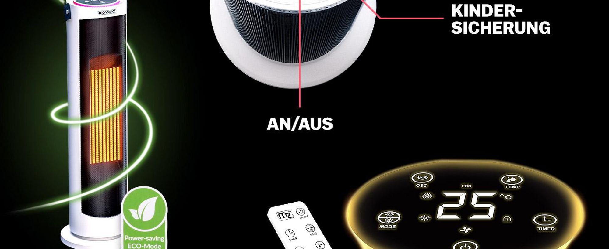 MONZANA® Keramik Heizlüfter 2000W 4 Betriebsmodi 15-35°C Energiesparend 70° Oszillation Timer Leise Fernbedienung Elektroheizung Heizstrahler weiss