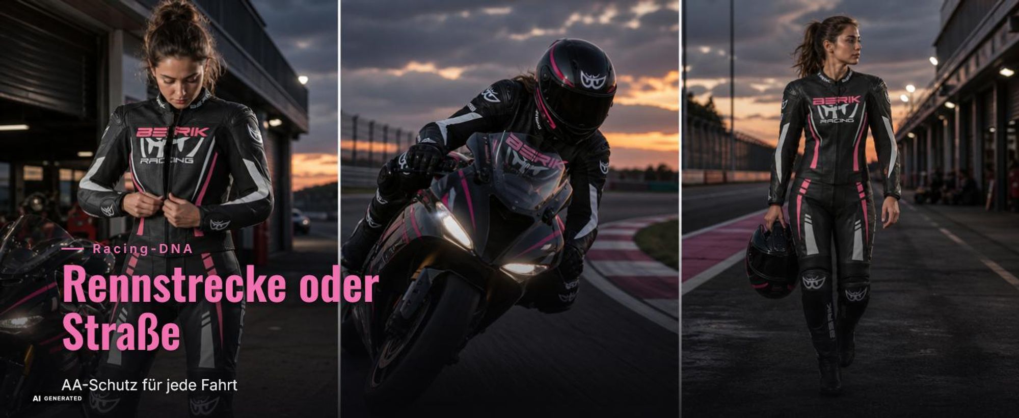 Berik Monles 2-Teiler Damen Motorrad Lederkombi, schwarz/weiß/pink, 42