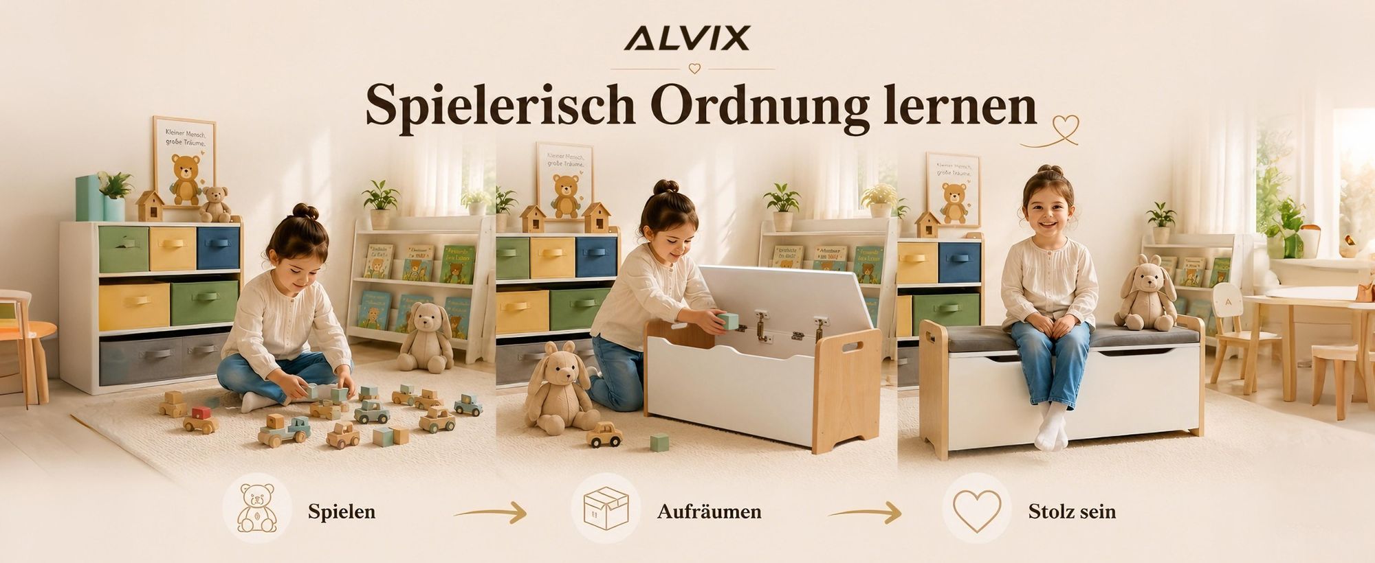ALVIX Spielzeugtruhe NESTA 1 Kinderbank mit Stauraum,Spielzeug Aufbewahrung,Spielzeugkiste mit Soft-Close-Deckel,Sitzbank für Kinderzimmer,83x40×48 cm