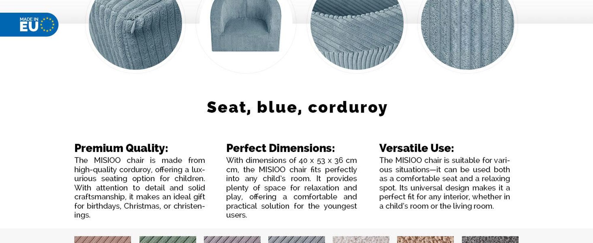 MISIOO Dětské křeslo od 1 roku - Dětské křeslo Corduroy Premium - stabilní a měkké - ergonomicky polstrované - 40x53x36 cm
