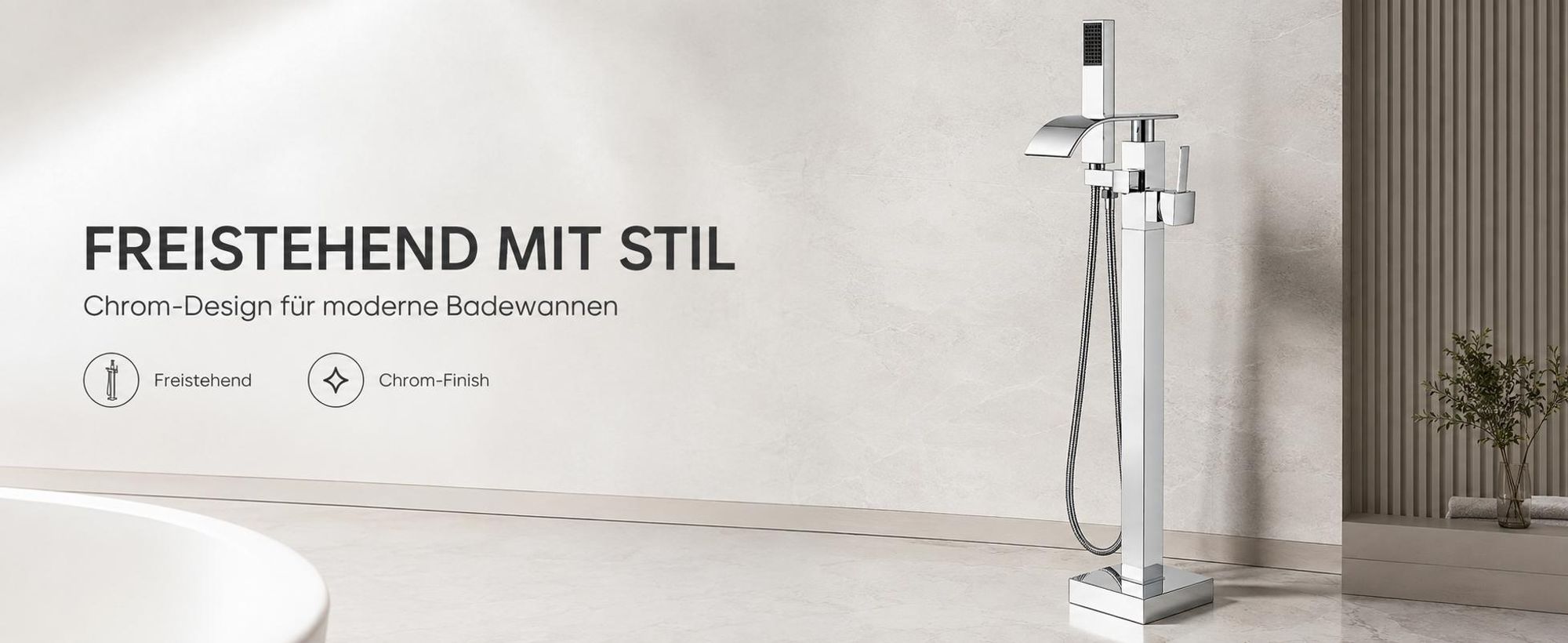 Badewannenarmatur Ari, freistehend mit Handbrause, 360 Grad schwenkbarer Auslauf, Keramikkartusche, Chrom