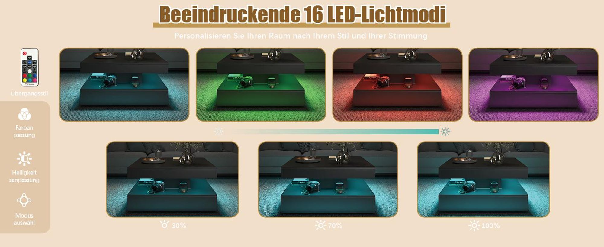 Radelldar Wohnzimmertisch mit 2 Schubladen, mit LED und Verstecktem Stauraum, matt 78x78x40cm, Schwarz