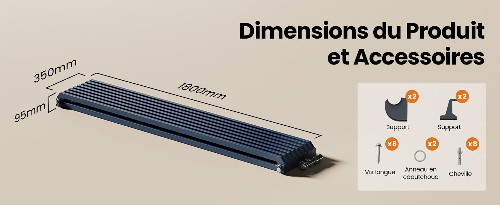 EMKE Radiateur design en forme de D 1800x348mm 1611W Red Dot Award Winner Anthracite - Montage vertical, pour 21,5 m², salle de bain & salon sans radiateur